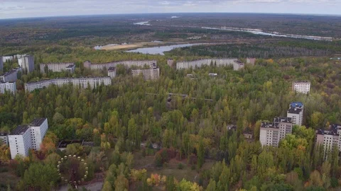 Aerial view of Pripyat town. The ghost town after the Chernobyl disaster Stock Footage 100145519