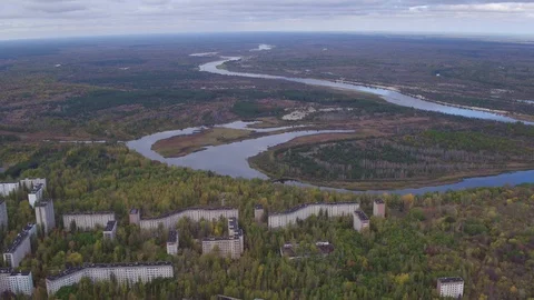 Aerial view of Pripyat town. The ghost town after the Chernobyl disaster Stock Footage 100145558