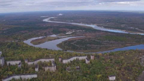 Aerial view of Pripyat town. The ghost town after the Chernobyl disaster Stock Footage 100146012