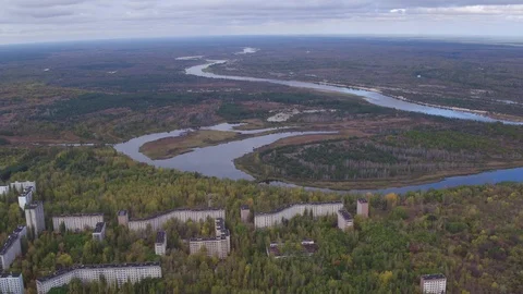 Aerial view of Pripyat town. The ghost town after the Chernobyl disaster Stock Footage 100147037