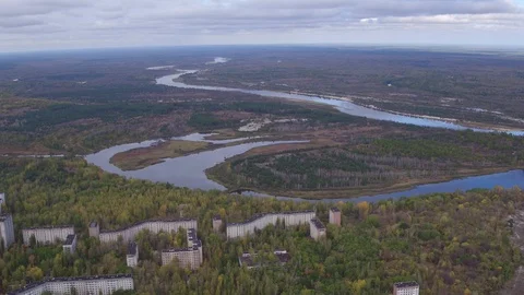 Aerial view of Pripyat town. The ghost town after the Chernobyl disaster Stock Footage 100147097