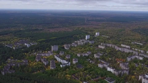 Aerial view of Pripyat town. The ghost town after the Chernobyl disaster Stock Footage 100150347