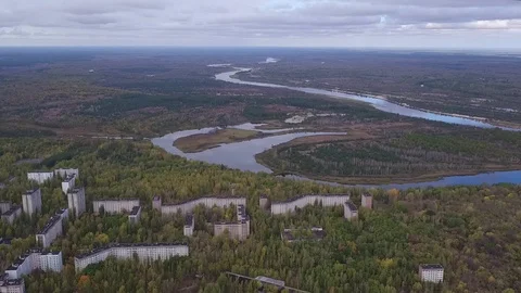 Aerial view of Pripyat town. The ghost town after the Chernobyl disaster Stock Footage 100150900