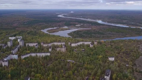 Aerial view of Pripyat town. The ghost town after the Chernobyl disaster Stock Footage 100151991