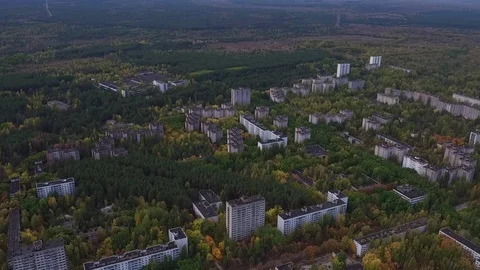 Aerial view of Pripyat town. The ghost town after the Chernobyl disaster Stock Footage 100153526