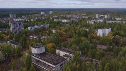 Aerial view of Pripyat town. The ghost town after the Chernobyl disaster Stock Footage 100158065