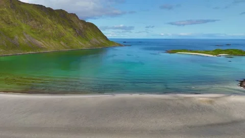 Aerial view of a pristine beach in the Lofoten Islands, Norway Stock Footage 311936233