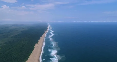 Aerial view of pristine beach separating forest from the waves 4K establishin Stock Footage 87573763