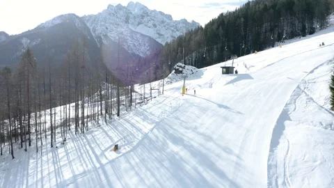 Aerial view of a pristine ski slope, surrounded by evergreen trees. Video stock 285900482