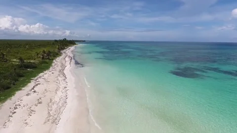 Aerial View of Pristine Tropical Beach with Turquoise Waters and Lush Veget.. Stock Footage 302306446