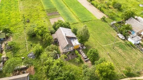 Aerial view of a private house in the field Stock Photos