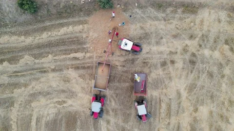 Aerial view of the process of the work of restoring the spilled wheat Video stock 159056818