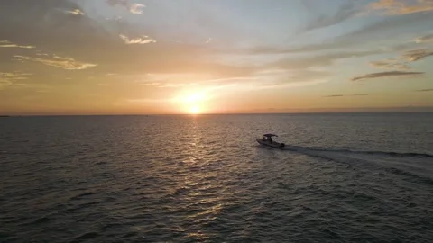 Aerial view of Progreso Beach with motorboat, Yucatan, Mexico. Stock Footage 265251674
