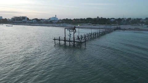 Aerial view of Progreso Beach with ocean waves, palm trees, Yucatan, Mexico. Stock Footage 265251782