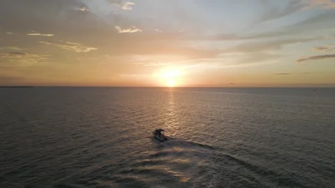 Aerial view of Progreso Beach at sunset with boat, Yucatan, Mexico. 库存影片 265251668