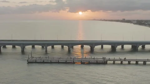 Aerial view of Progreso Beach at sunset with pier and bridge, Yucatan, Mexico. 库存影片 265251686