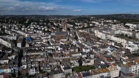 Aerial view of the properties close to the seafront at Hastings, E Sussex, UK. Stock Footage 249016548