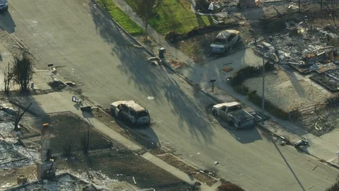 Aerial view property  devastated by wildfires California America Stock Footage 83917315