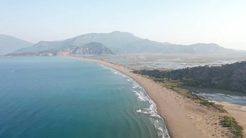 Aerial view of the protected turtle nesting beach Istuzu in Dalyan, Turkey Stock Footage 232795862