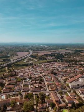 Aerial view of Provence's patchwork fields featuring lavender and farmland Stock Photos