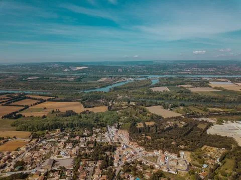 Aerial view of Provence's patchwork fields featuring lavender and farmland Stock Photos