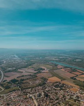 Aerial view of Provence's patchwork fields featuring lavender and farmland Stock Photos
