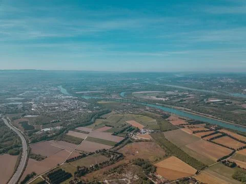 Aerial view of Provence's patchwork fields featuring lavender and farmland Stock Photos