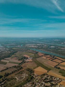 Aerial view of Provence's patchwork fields featuring lavender and farmland Stock Photos
