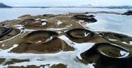 Aerial View Of Pseudocraters Near The Frozen Lake Myvatn - Northern Iceland Stock Footage