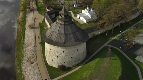Aerial view of Pskov Kremlin tower, late spring time. May 7, 2021. Pskov, Russia Stock Footage 154175367