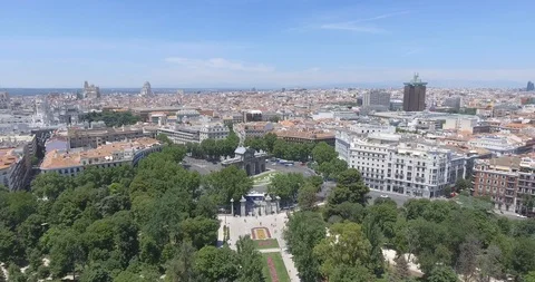 Aerial View Of Puerta de Alcalá in Madrid (Spain) and City View - Aerial Footage Stock Footage