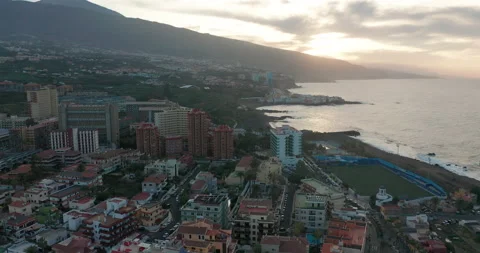 Aerial view of Puerto de la Cruz, city on north coast of Tenerife, Canary Video stock 144097360