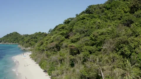 Aerial View of Puka Shell Beach with Tourists and Tropical Forest, Boracay, Phil Stock Footage 340321448