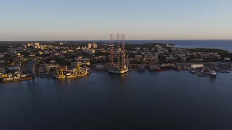 Aerial view of Pula shipyard and harbor at sunset, Croatia. Stock Footage 346487219
