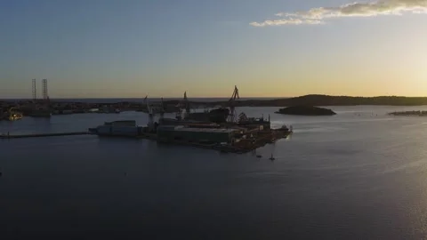 Aerial view of Pula shipyard at sunset, Croatia. Stock Footage 346487642