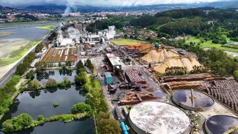 Aerial view of a pulp and paper mill industry Stock Footage 334823850