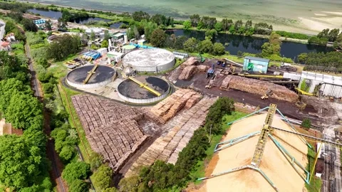 Aerial view of pulp and paper mill industrial plant Stock Footage 335266500