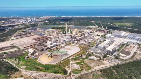 Aerial view of a pulp and paper mill near the ocean coast Stock Footage 339674498