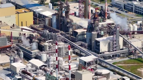Aerial view of a pulp mill plant producing cellulose Stock Footage 340311691