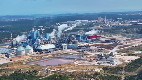 Aerial view of a pulp mill producing cellulose and bioenergy Stock Footage 340312046