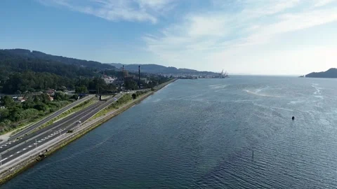 Aerial view of a pulp mill in the Ria de Pontevedra, Galicia Stock Footage 336438104