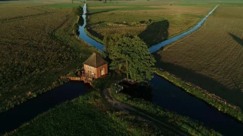 Aerial view of a pump house at a river Video stock 91856464