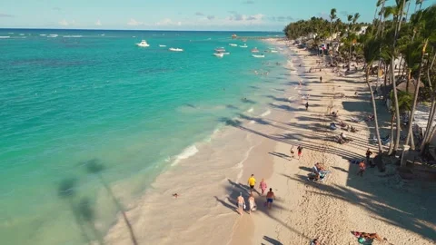 Aerial view of Punta Cana tourist beach with vacationers Stock Footage 305861253