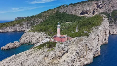 Aerial View Punta Carena Lighthouse Beach Club Rocky Cliffs Capri Italy Stock Footage 337818250