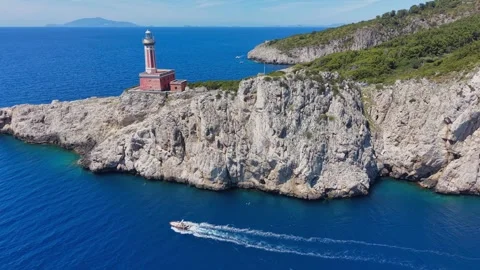 Aerial View Punta Carena Lighthouse Capri Island Cliffs Motorboat Italy 스톡 동영상 337818288