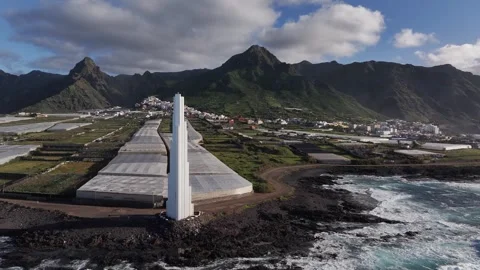 Aerial View of Punta del Hidalgo Lighthouse and Anaga Mountains, Tenerife 库存影片 344752680