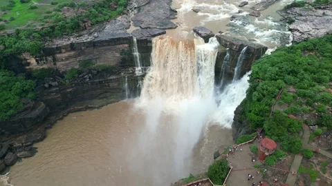 Aerial View of Purwa Waterfall on Tons River Rewa Madhya Pradesh Stock Footage 344640474