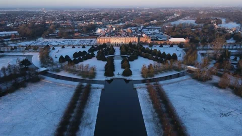 Aerial view push in shot of Hampton Court Palace Stock Footage 234404334