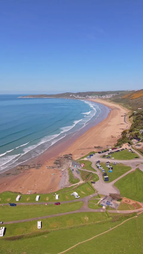 Aerial View of Putsborough Beach, North Devon, England Stock Footage 333582576
