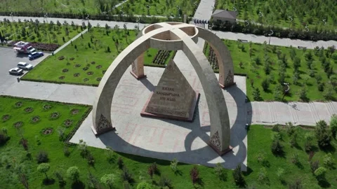Aerial View of pyramid built in honor of the 550th anniversary of Kazakh Khanate Stock Footage 242867604